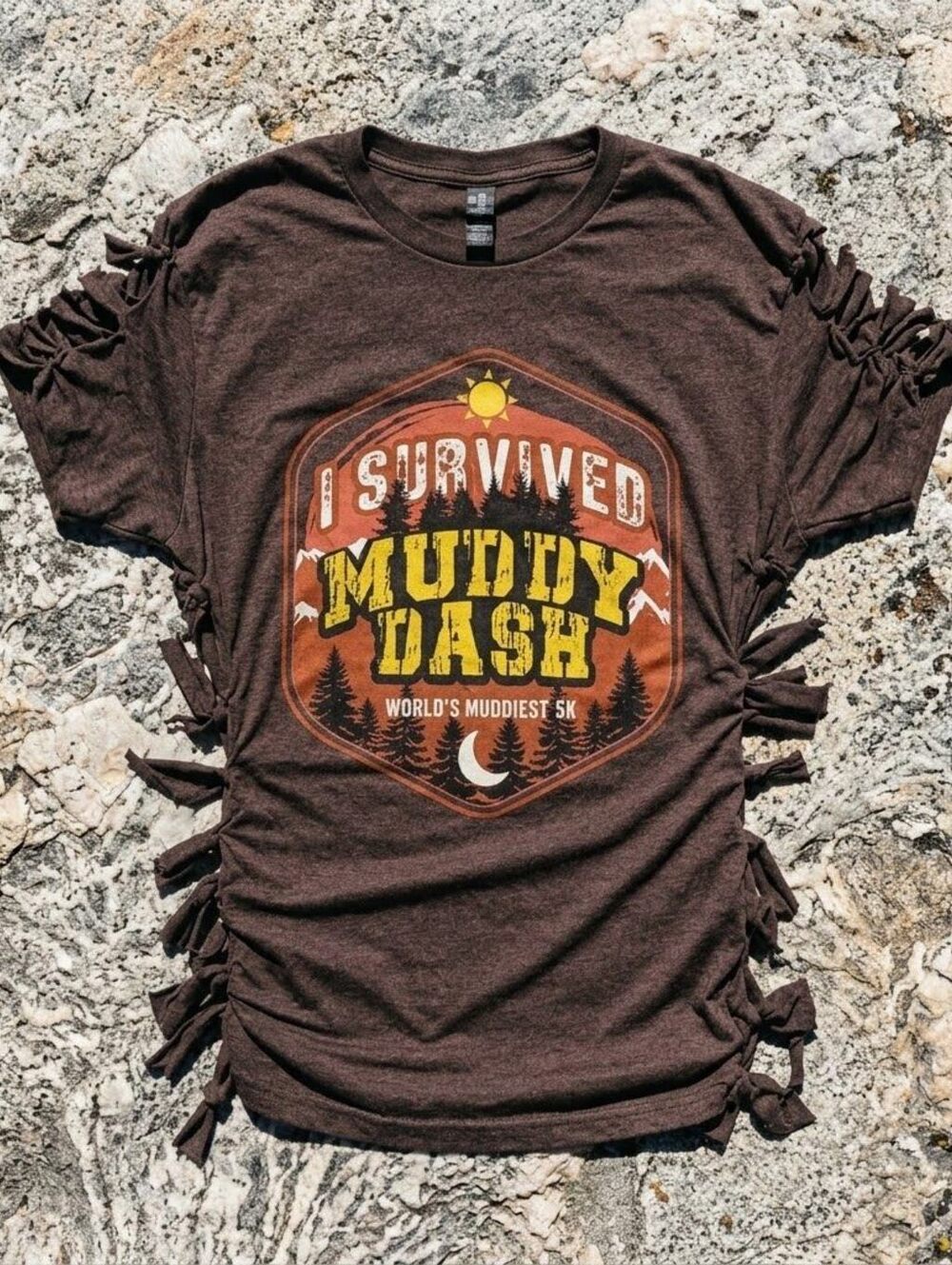 Womens S Muddy Dash 2025 5K Run T-Shirt Custom Cut Tied Sides DIY Grungecore